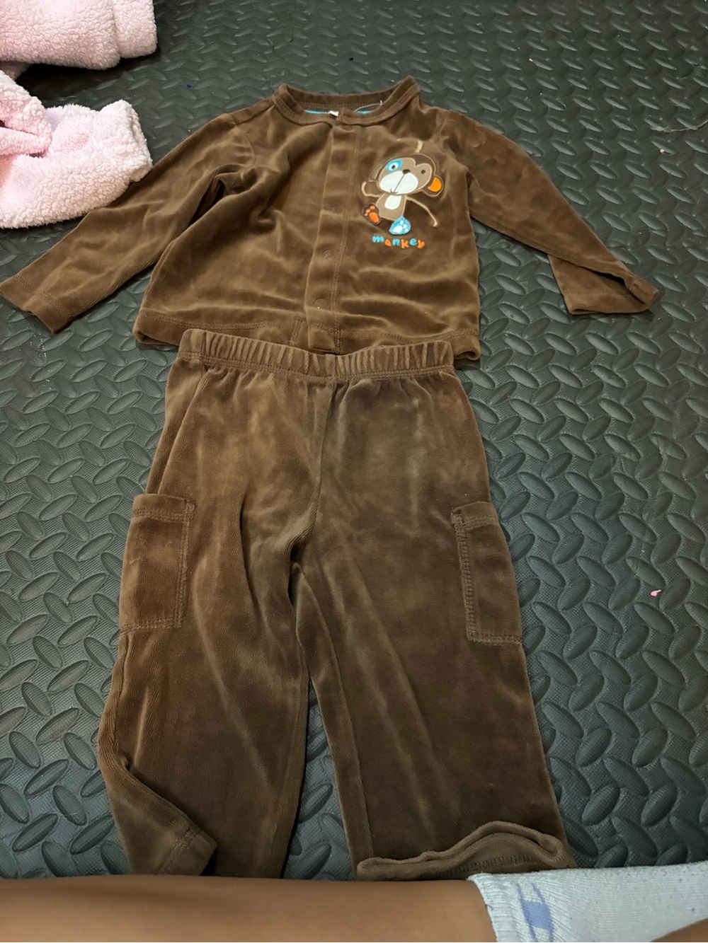 Brown Velour Two-Piece Kids Set with Monkey Applique